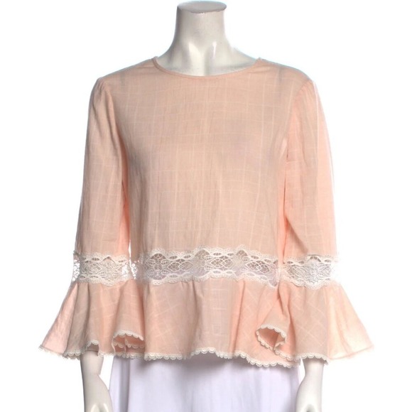 Jonathan Simkhai Bateau Neckline Three-Quarter Sleeve Ruffle Blouse Pink Small - Picture 9 of 9